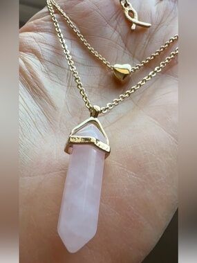 Vintage Avon Rose Quartz Layered Necklace Gold Heart Crystal Point NIB Gift